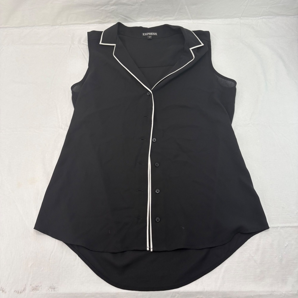 Express Womens Small Black White Piping Sleeveless Button Down Chiffon Top 5786